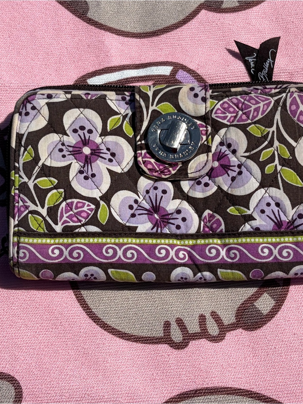 Vera Bradley Brown Quilted Wallet with Purple Floral Print